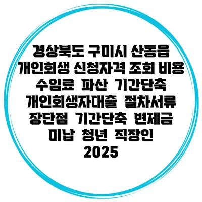 경상북도 구미시 산동읍 개인회생 신청자격 조회 비용 수임료 | 파산 | 기간단축 | 개인회생자대출 | 절차서류 | 장단점 | 기간단축 | 변제금 미납 | 청년 | 직장인 2025