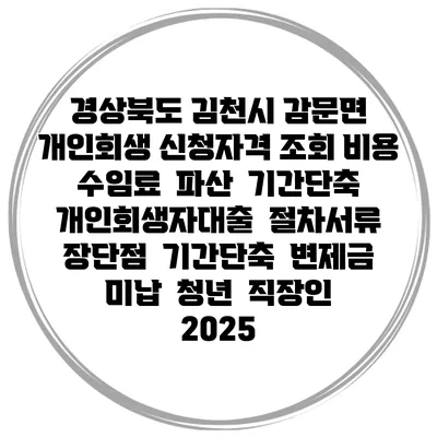 경상북도 김천시 감문면 개인회생 신청자격 조회 비용 수임료 | 파산 | 기간단축 | 개인회생자대출 | 절차서류 | 장단점 | 기간단축 | 변제금 미납 | 청년 | 직장인 2025
